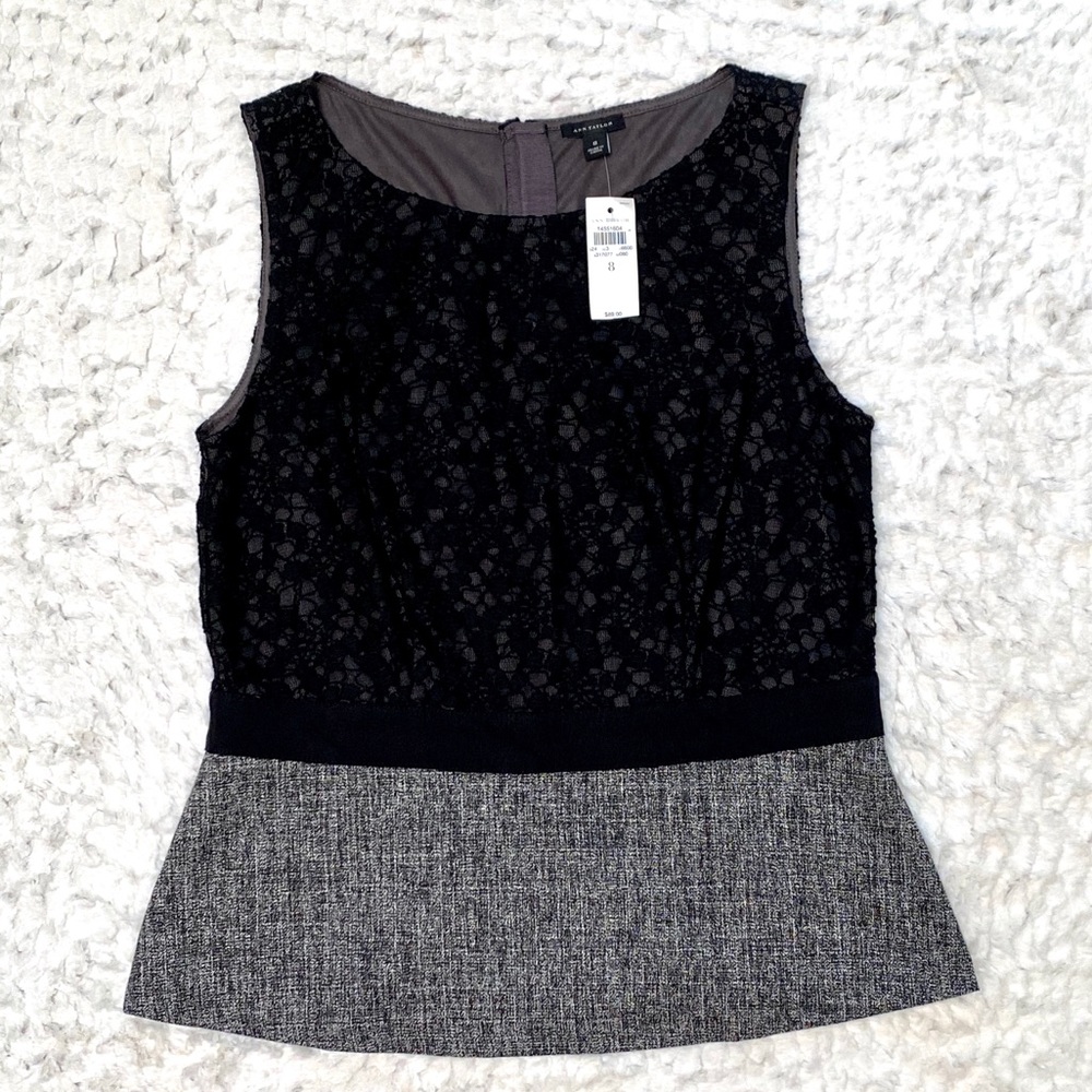 Ann Taylor Black Lace/Gray Tweed Top, Size 8